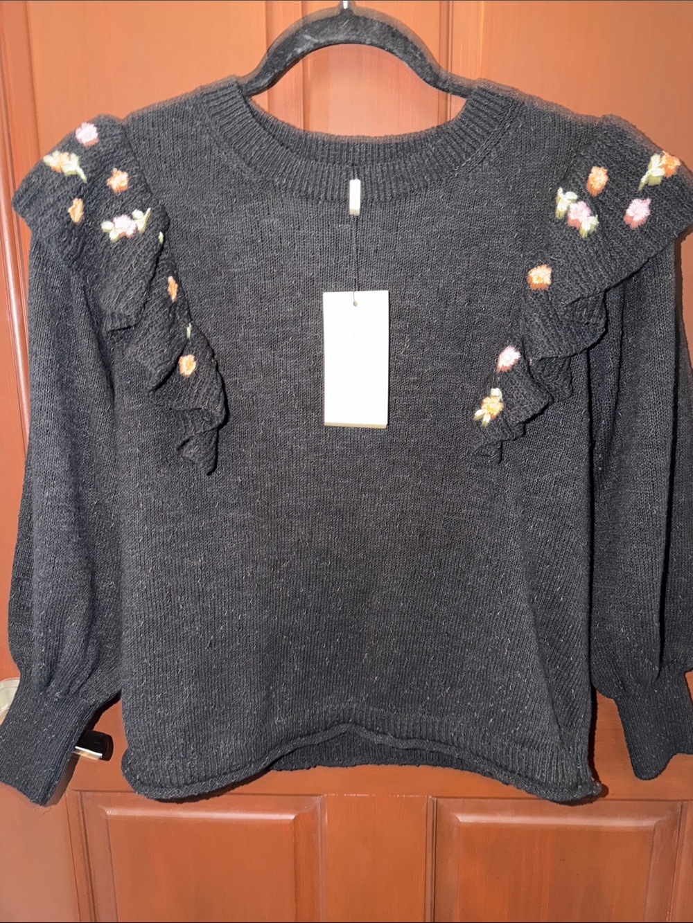 Dark Gray Ruffle Shoulder Sweater with Floral Accent